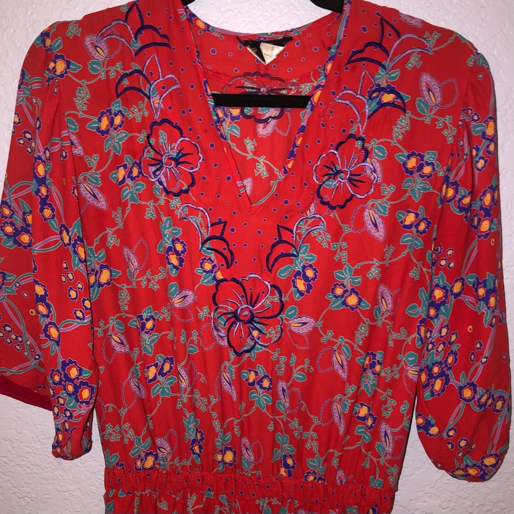 Vintage Diane Fries Red Floral Dress with Elastic Waist Size Large GUC
